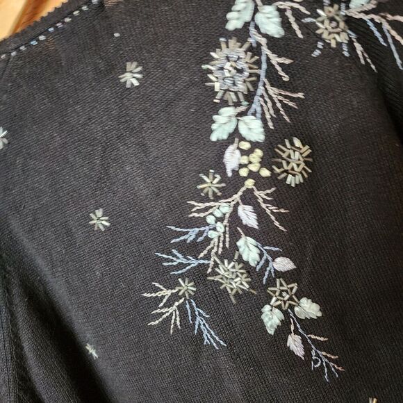 Stitches In Time Black Sweater Cardigan Size L Beading & Embroidered Cottagecore - Picture 14 of 16